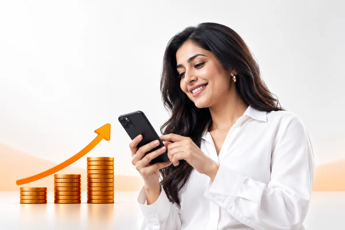 A South Asian professional using mobile banking beside growing savings