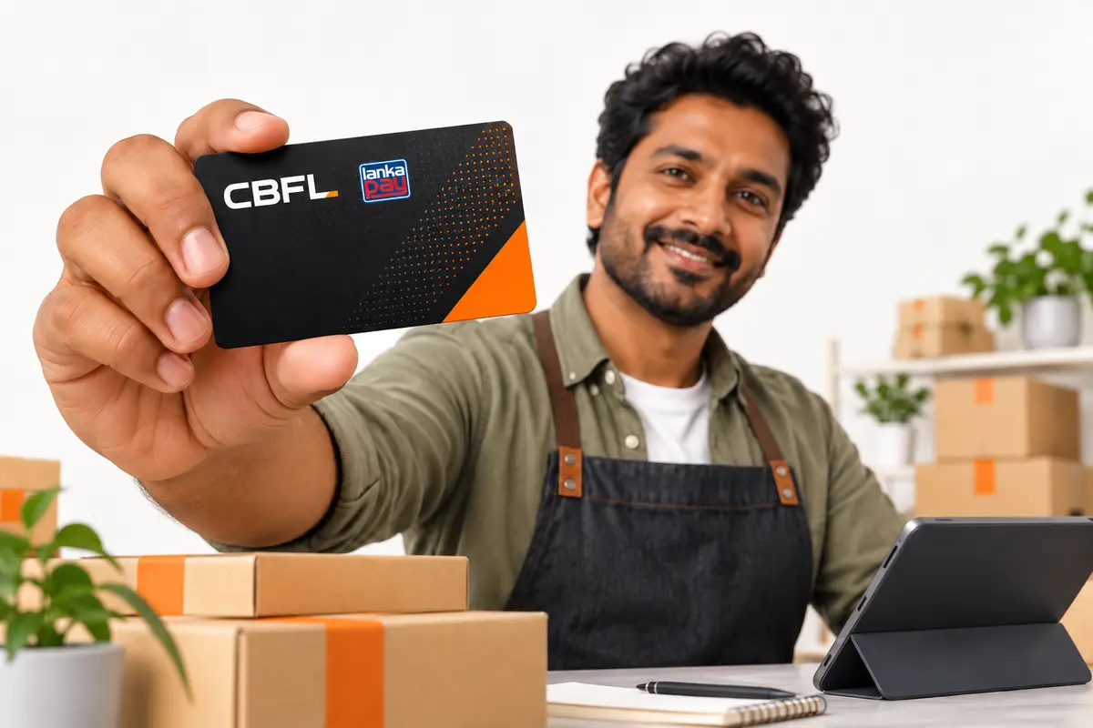 A Sri Lankan small-business owner presenting a black and orange finance card